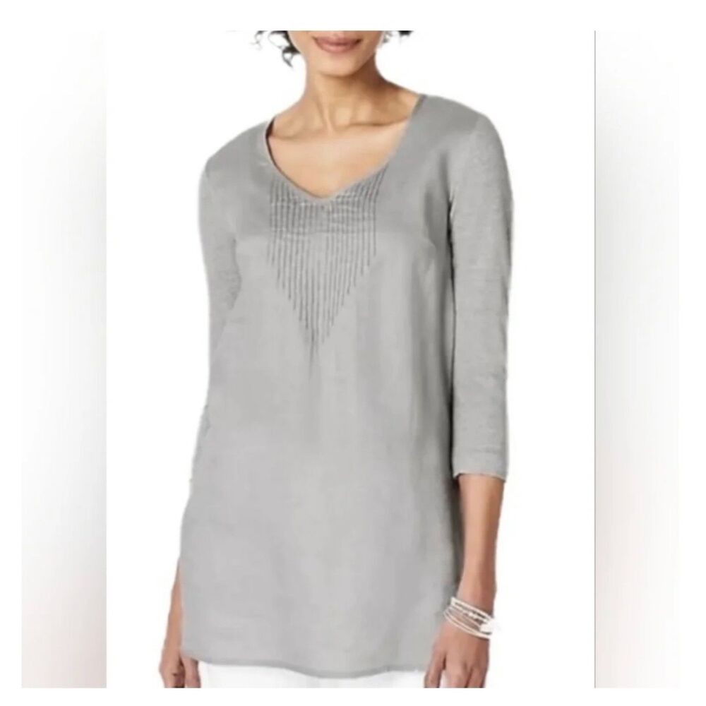 J. Jill Love Linen Sz LARGE PETITE Gray Pintucked Tunic Top 3/4 Sleeve Coastal